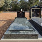 24106 - Swamp Green Granite with Black Granite Faceplate to Headstone Exposed Concrete Footing Raw Blast Epitaph 9x12 Ceramic Photo